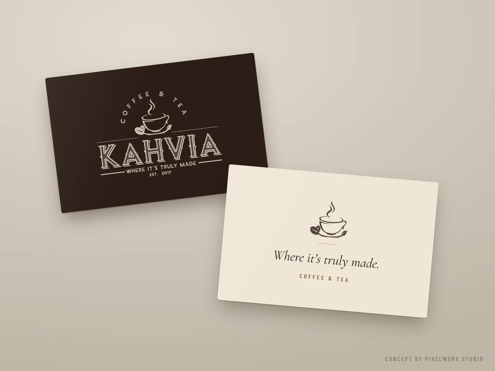 Concept: Kahvia business cards, espresso front with cream logo, cream back with cup symbol