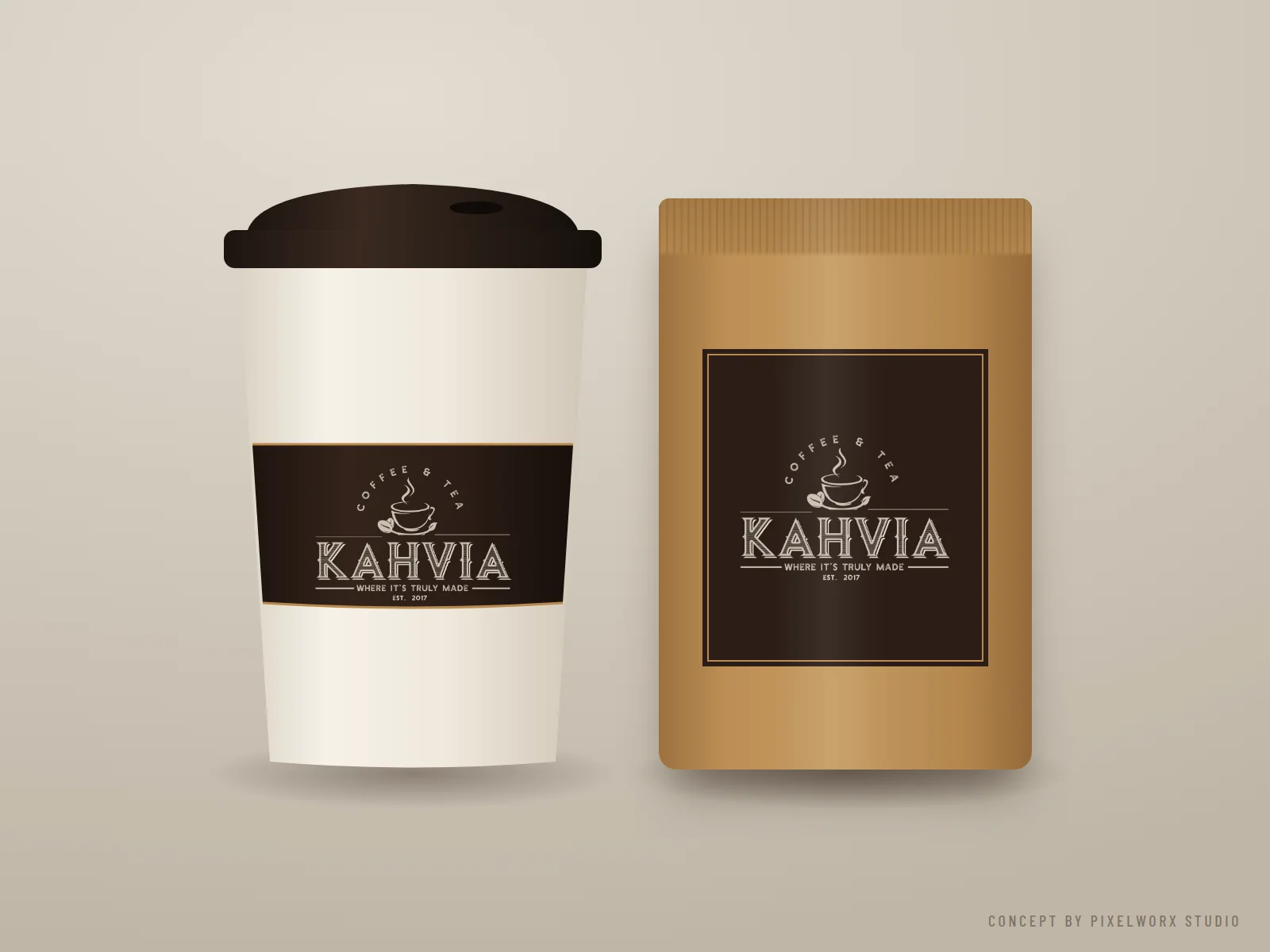 Concept: Kahvia takeaway cup with espresso sleeve and kraft coffee pouch with label