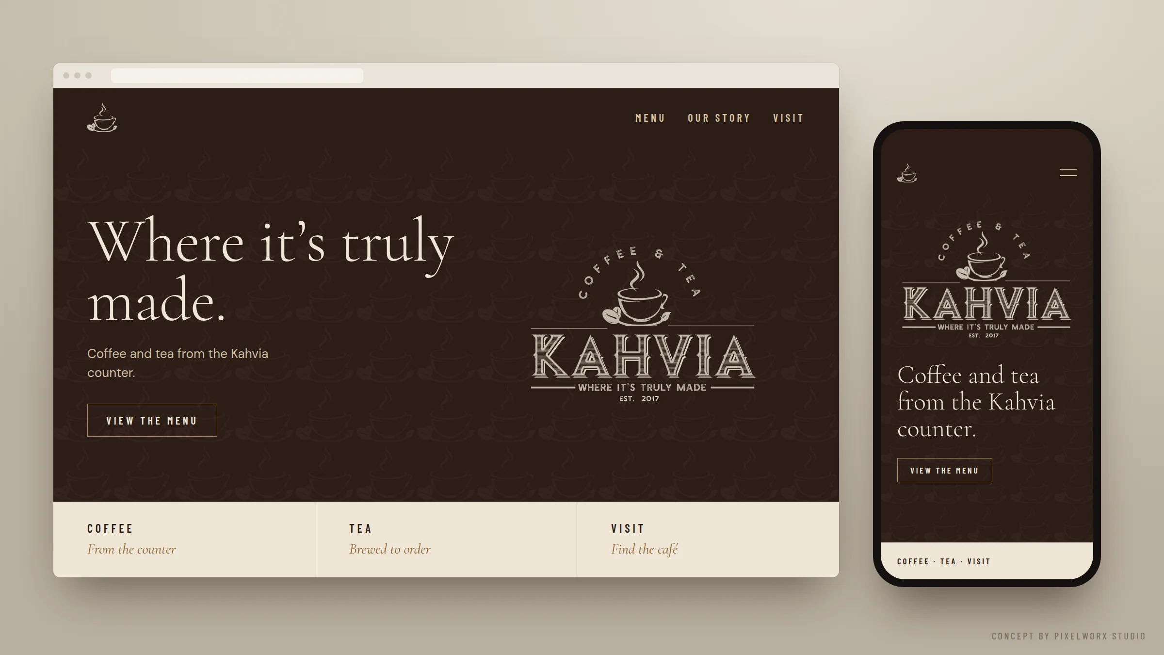 Concept: Kahvia website hero on desktop and mobile, cream logo on espresso brown
